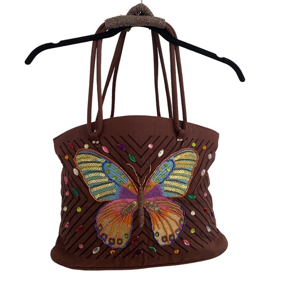 Far Nine Handbags - Far Nine Beaded Embroidered Butterfly Brown Purse Bag